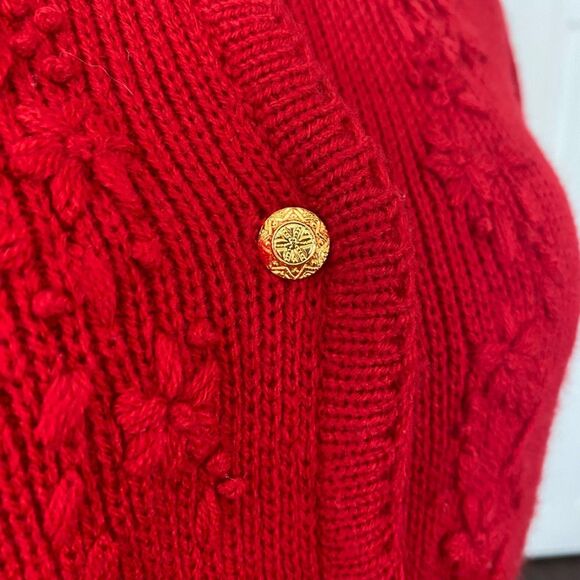 Chunky Vintage Bright Red Flower Floral Embroidered Knit Button Up Cardigan M - Picture 5 of 8